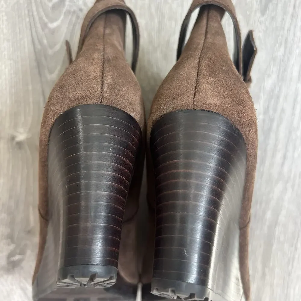 Lauren RALPH LAUREN Yasline Brown Suede Leather Sz 8.5 Wedge Heel Ankle Booties